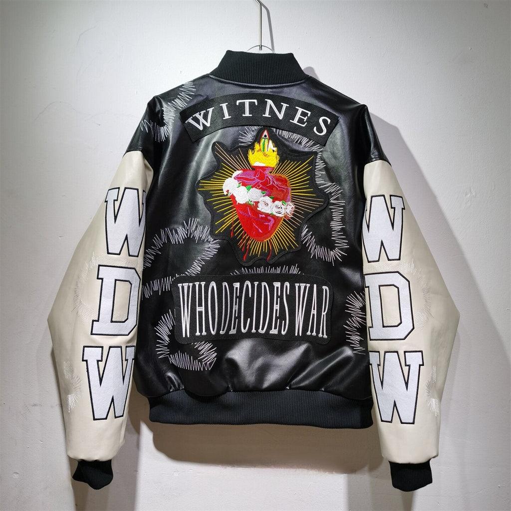 WHO DECIDES WAR Black Embroidered Varsity Jacket Unisex Oversized Streetwear Bomber Jacket