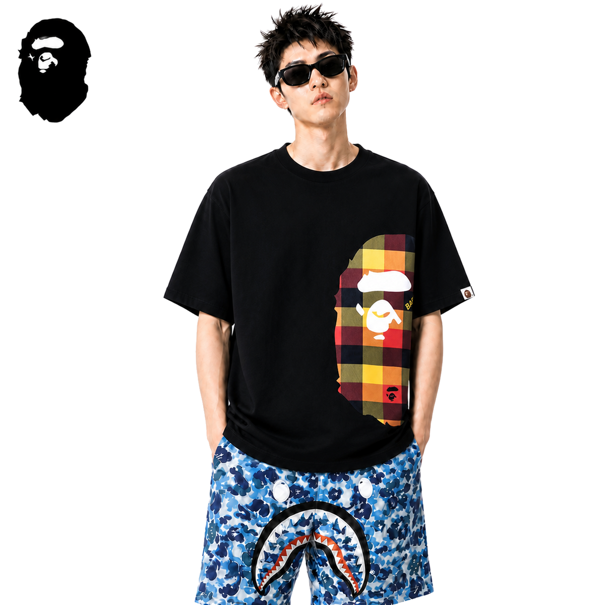 BAPE Multicolor Plaid Side Ape Head Men's T-Shirt - Black