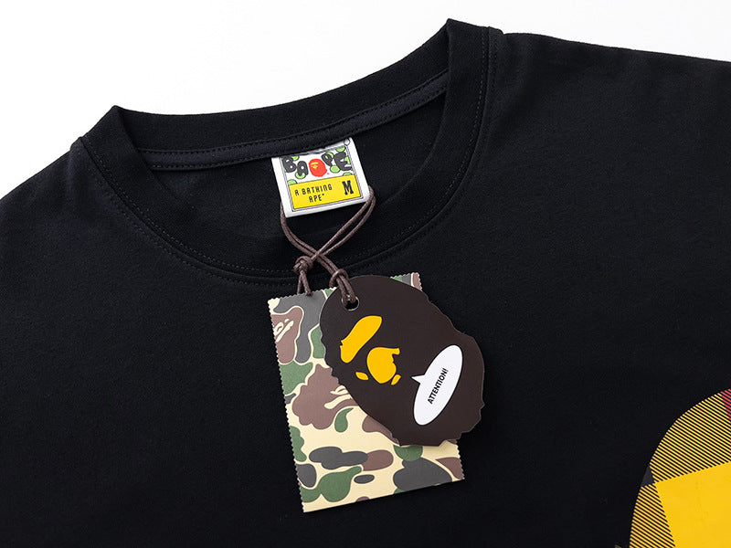 BAPE Multicolor Plaid Side Ape Head Men's T-Shirt - Black