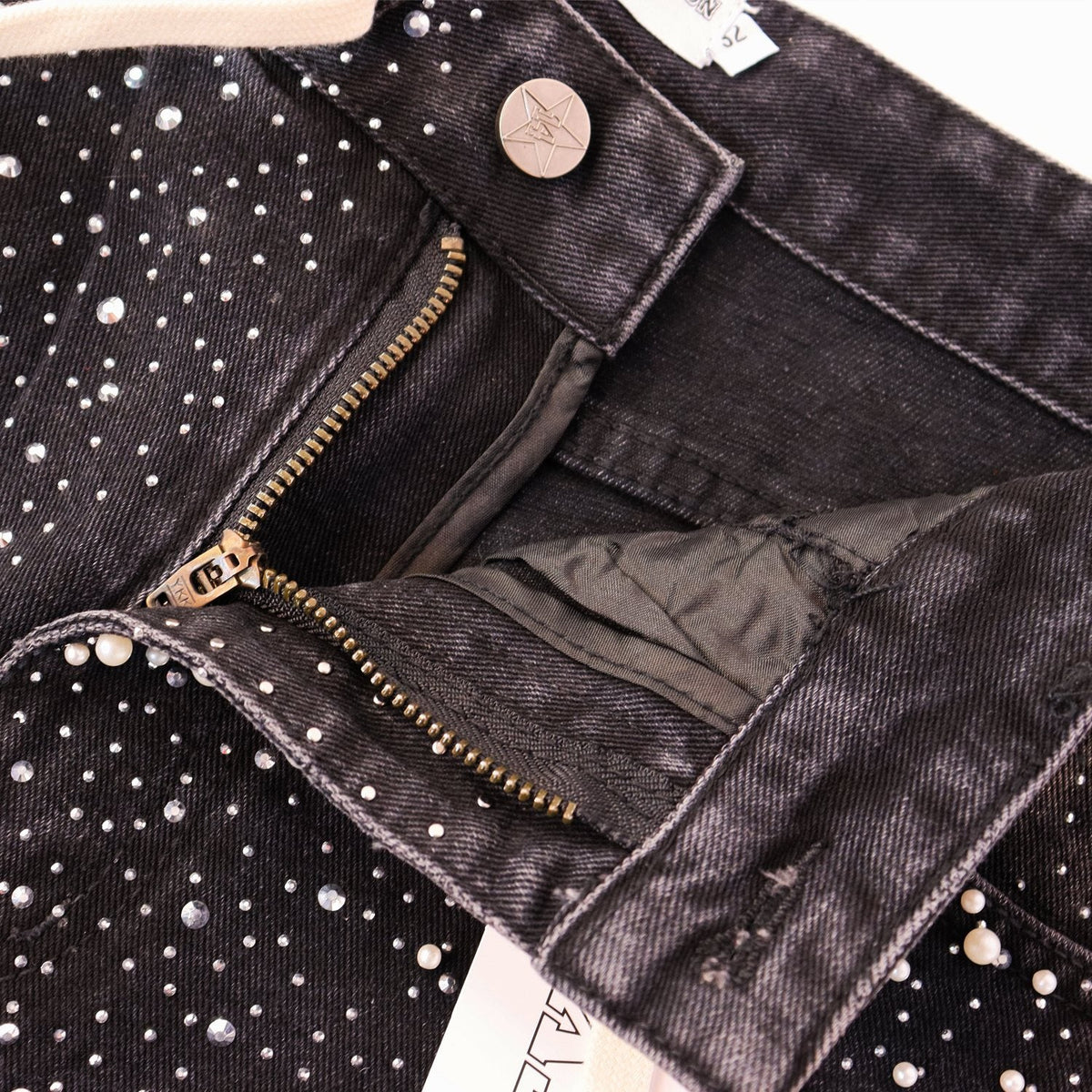 VALE Pearl-Studded Washed Denim Shorts