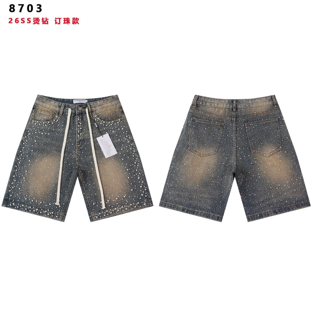 VALE Pearl-Studded Washed Denim Shorts