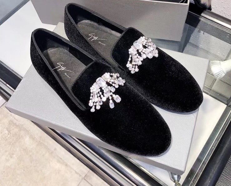 Giuseppe Zanotti Black Crystal Velvet Slip-On Shoes