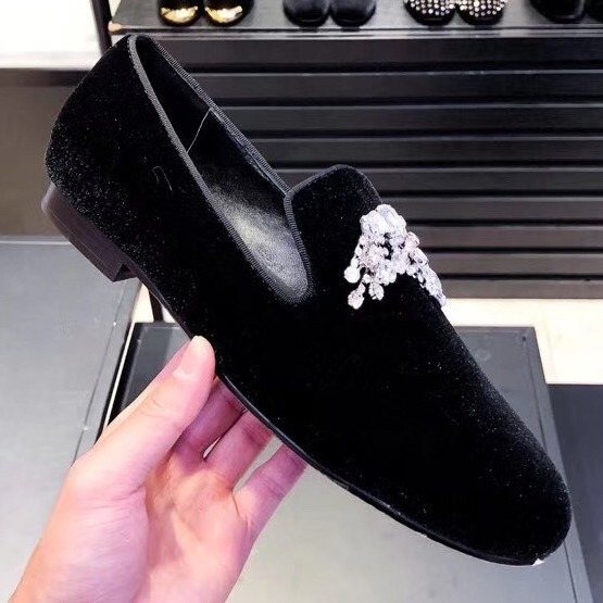Giuseppe Zanotti Black Crystal Velvet Slip-On Shoes