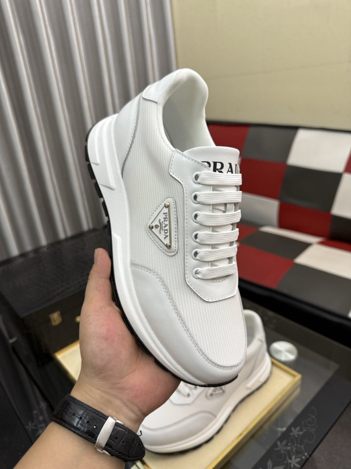 Prada Men's White Textured Low-Top Sneakers