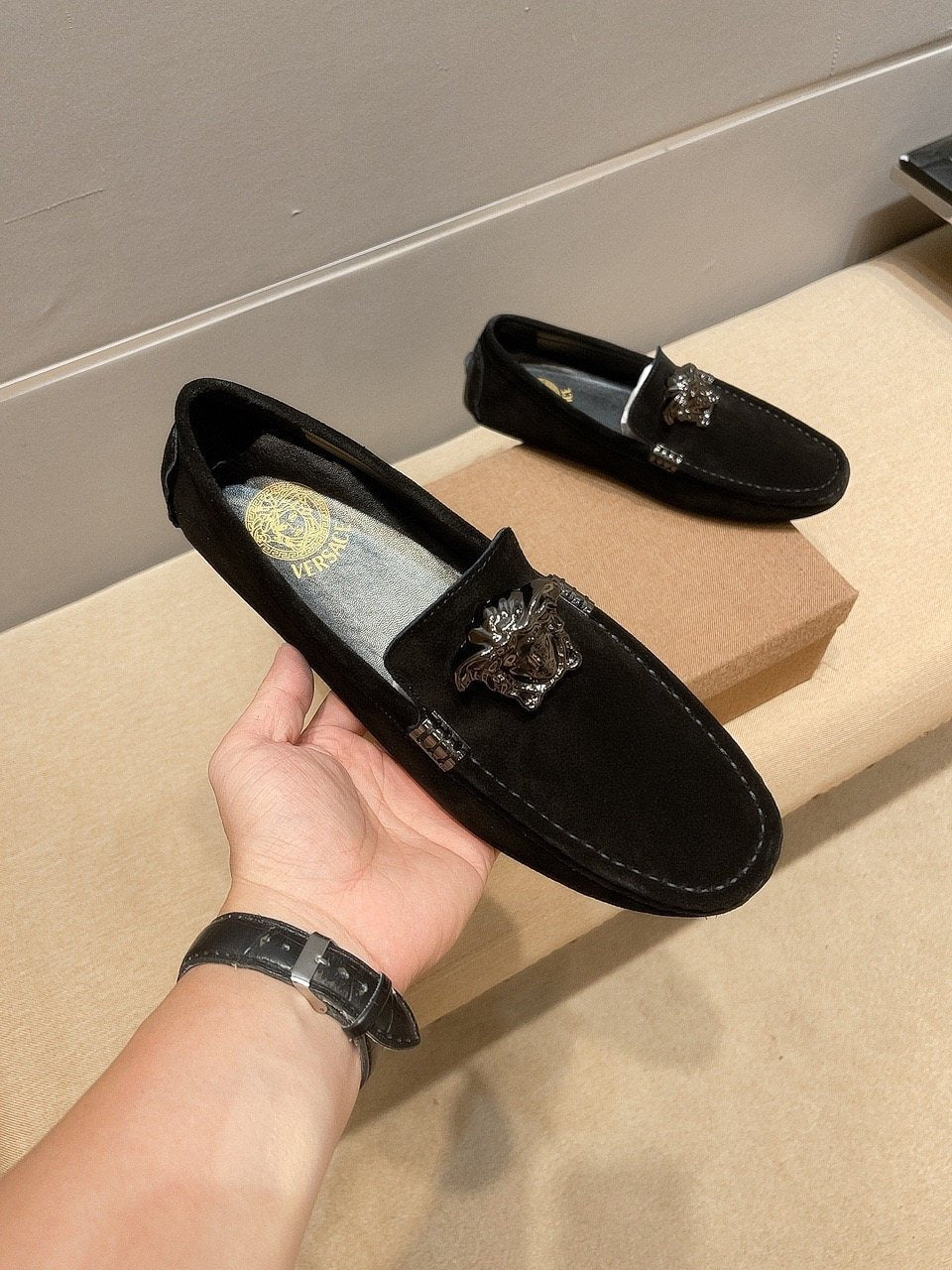 Men's Leather Loafers with Metal Medallion